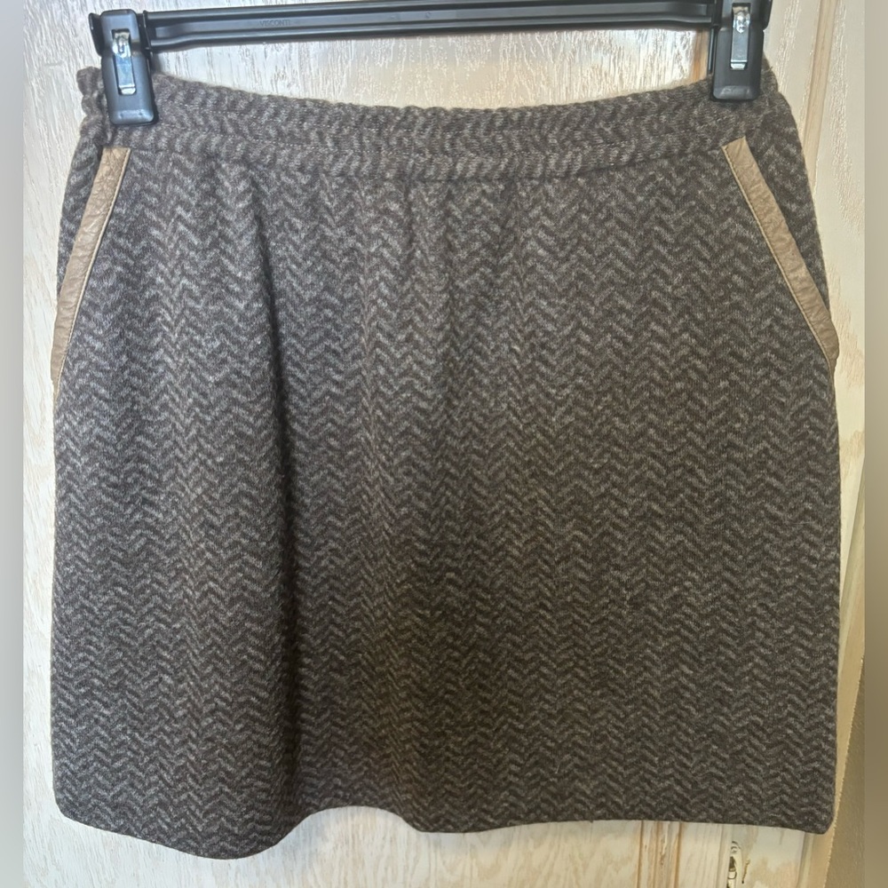 J Crew Wool Blend Skirt Brown Herringbone Pull On Pockets‎ Lined Sz 6